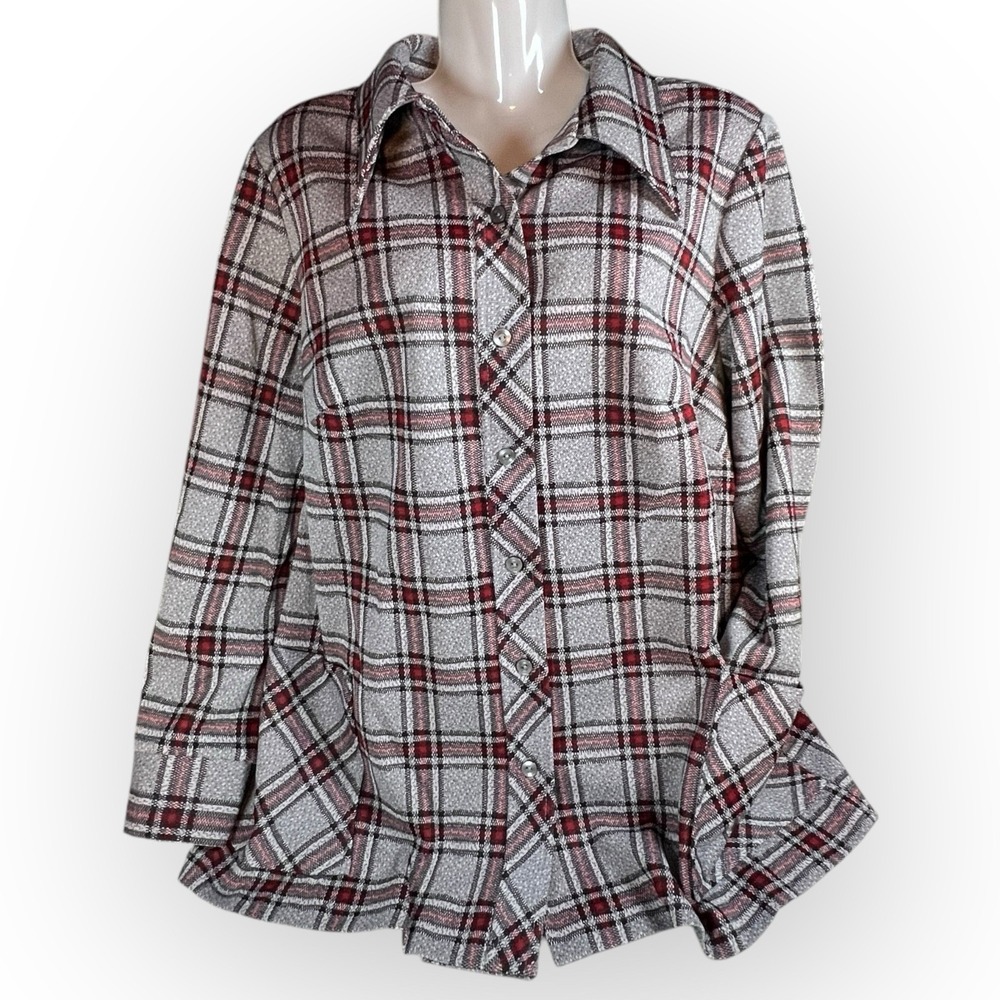 Vtg Jacket Womens Medium 40‎ Red Gray Check Leisure Big Collar 70s Wards Grunge